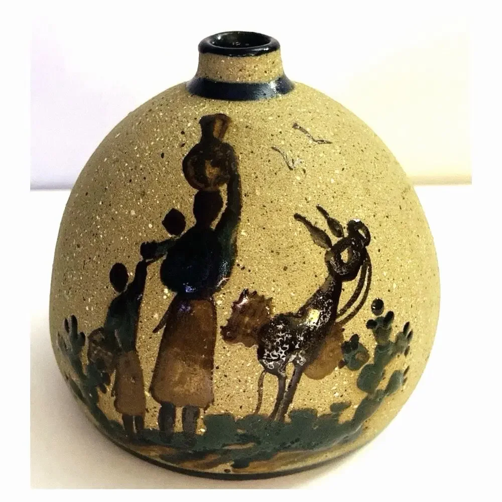 Vintage Tonala Mexico Pottery Vase Signed Carmela Zambrano Folk Art Deer Scene